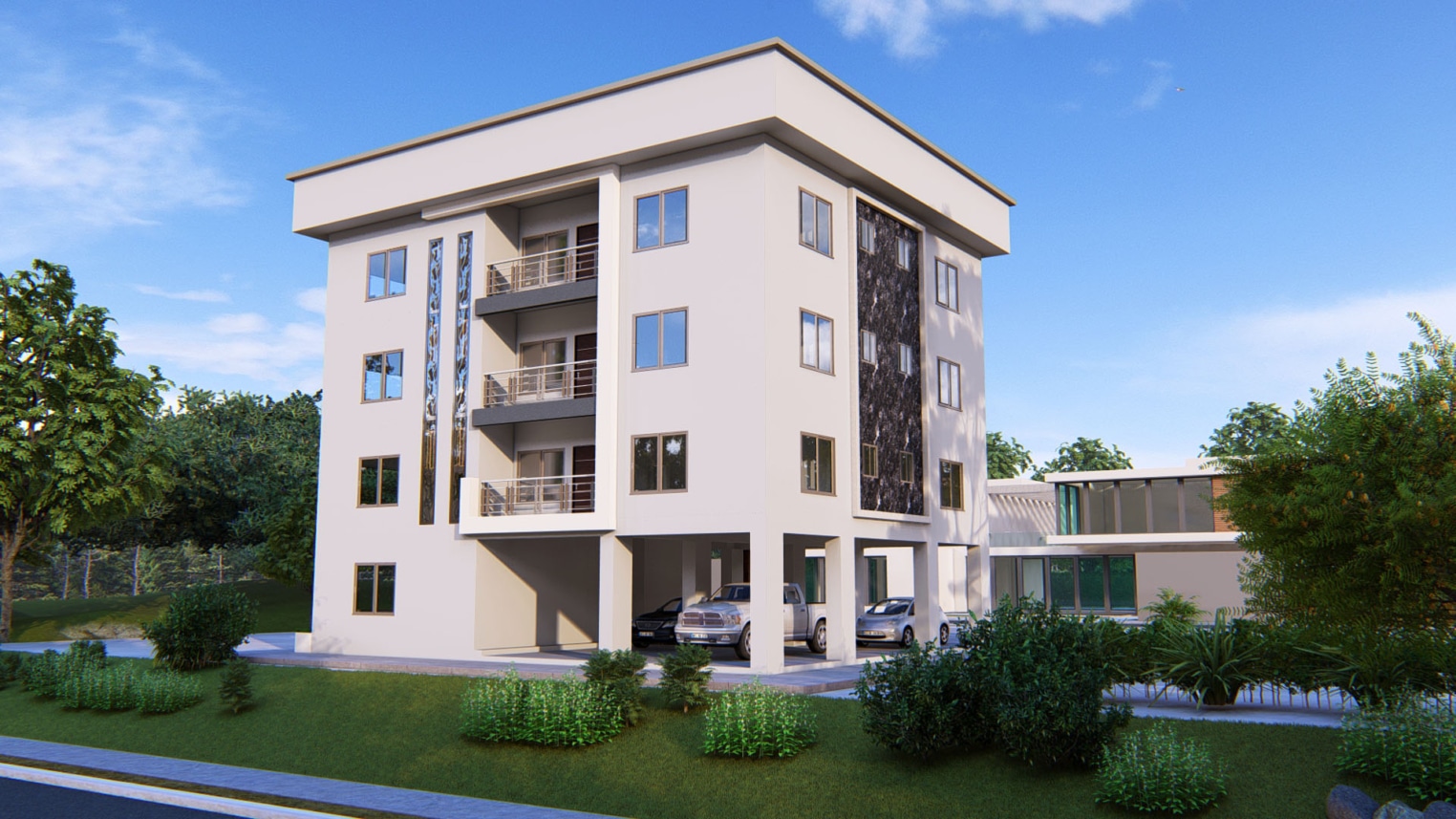 Modern 3-storey apartment design with sleek architecture and open balconies