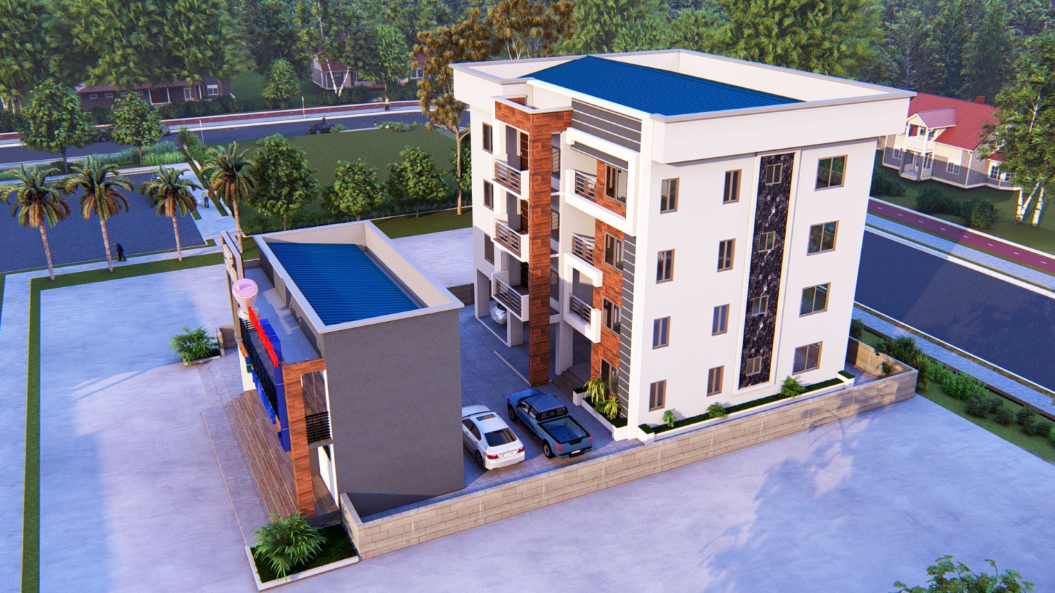 Modern 3-storey apartment design with sleek architecture and open balconies