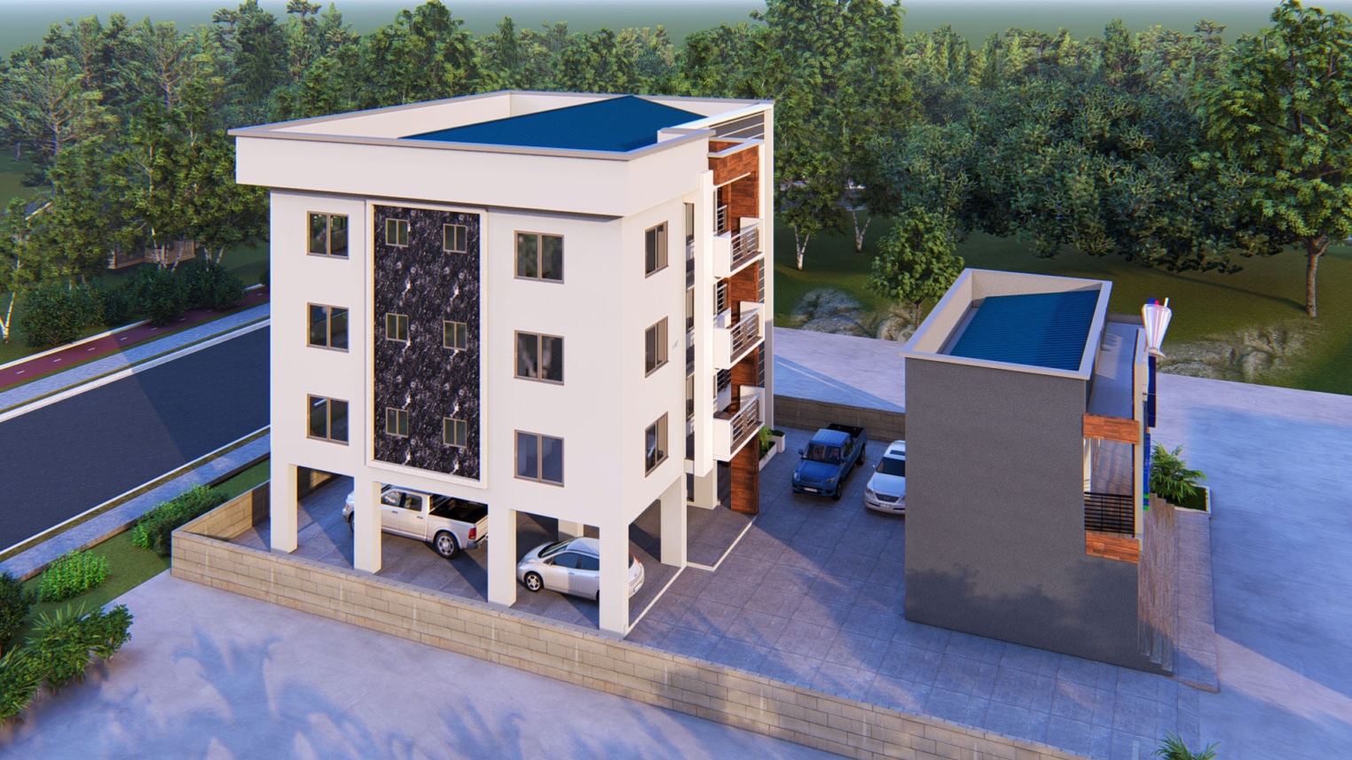 Modern 3-storey apartment design with sleek architecture and open balconies