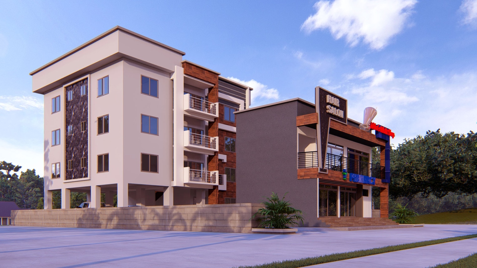 Modern 3-level apartment architecture  and open balconies