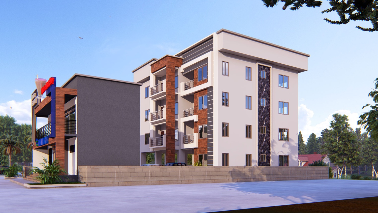 Modern 3-level apartment architecture  and open balconies