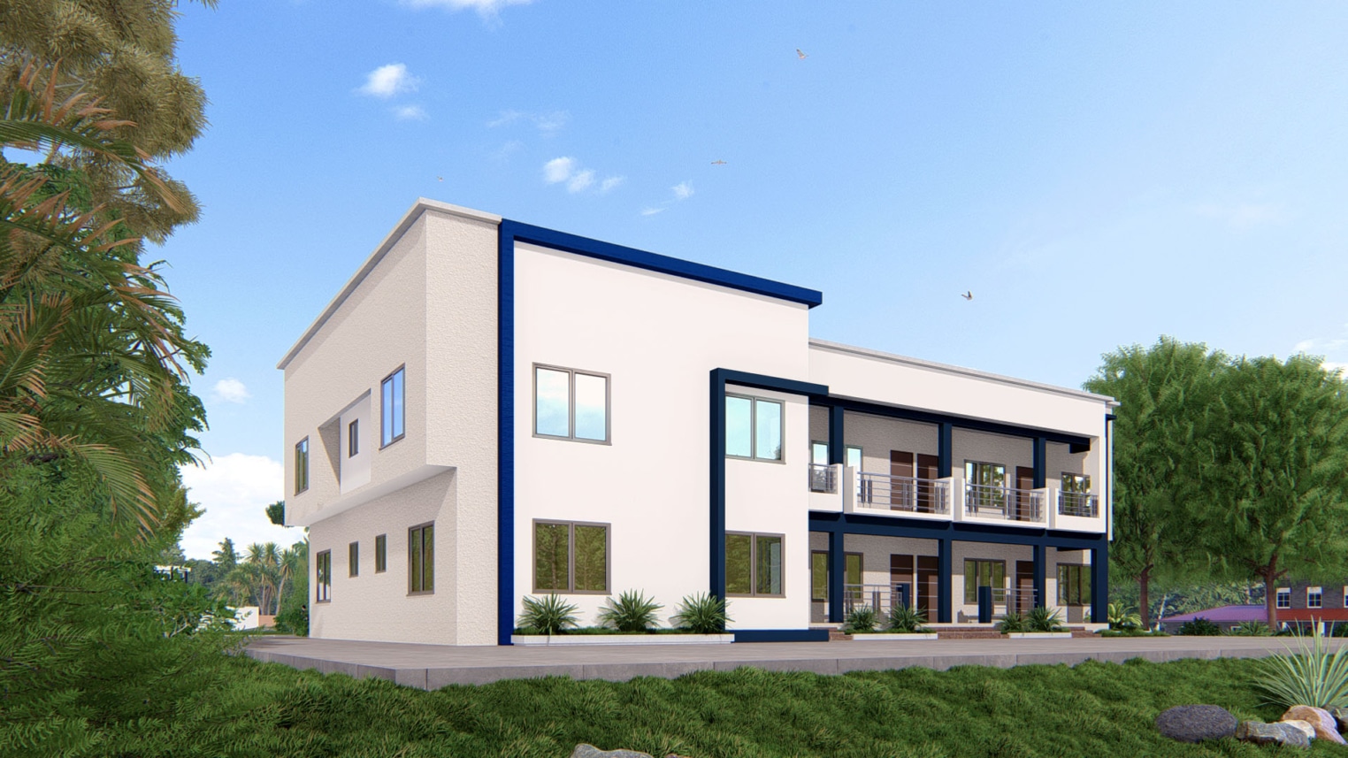  Modern 1 bedroom duplex apartment design with open-plan living area, staircase, and compact upper-level bedroom