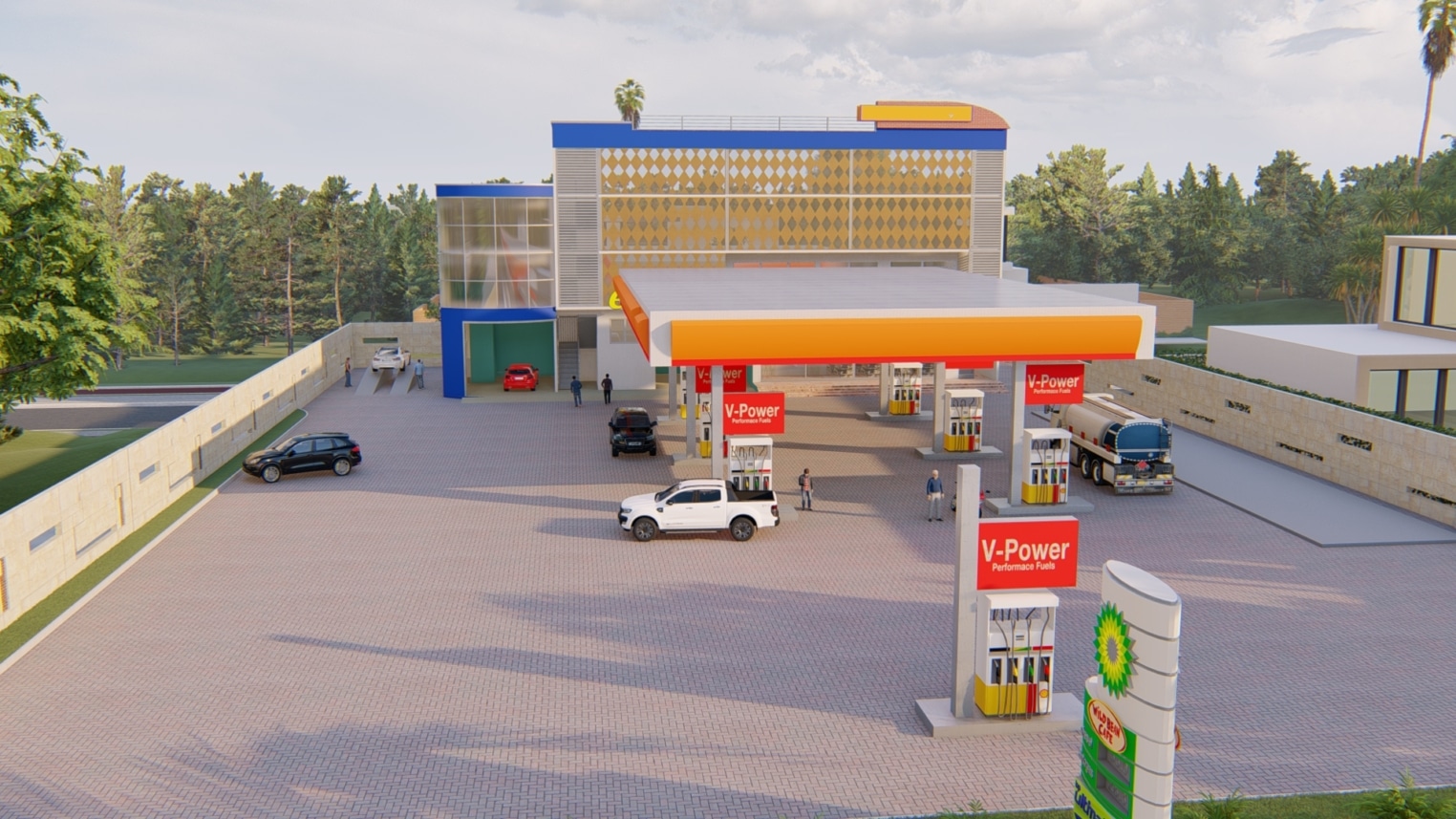 Modern fuel service station design featuring multiple fuel pumps, a spacious canopy, and well-organized parking
