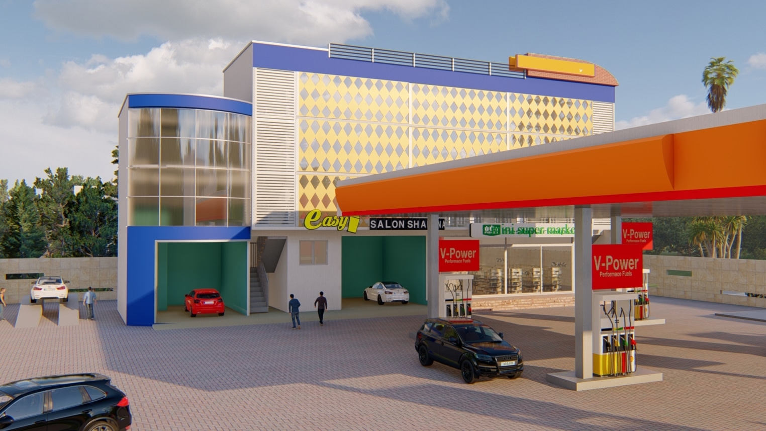 Modern fuel service station design featuring multiple fuel pumps, a spacious canopy, and well-organized parking