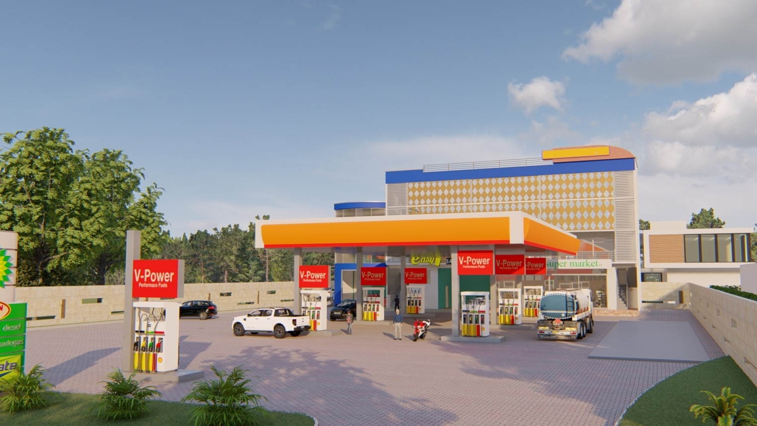 Modern fuel service station design featuring multiple fuel pumps, a spacious canopy, and well-organized parking