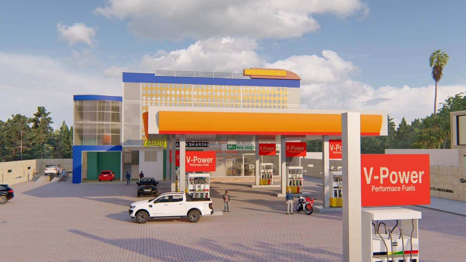 Modern fuel service station design featuring multiple fuel pumps, a spacious canopy, and well-organized parking