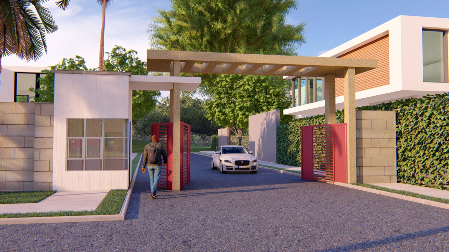 Estate entrance security gate design with decorative elements, 