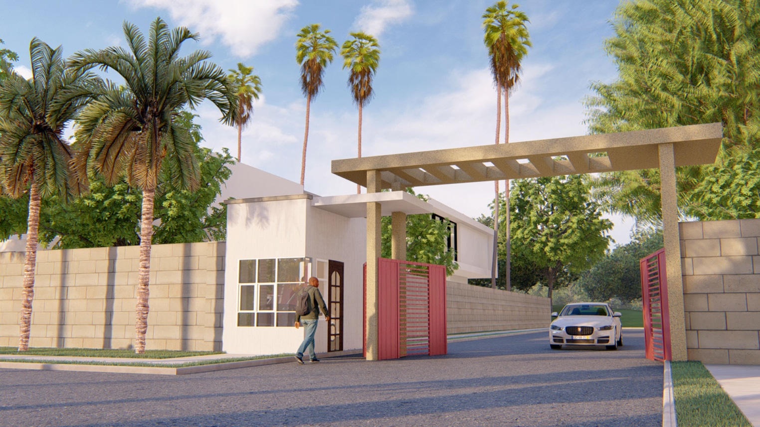 Estate entrance security gate design with decorative elements, 