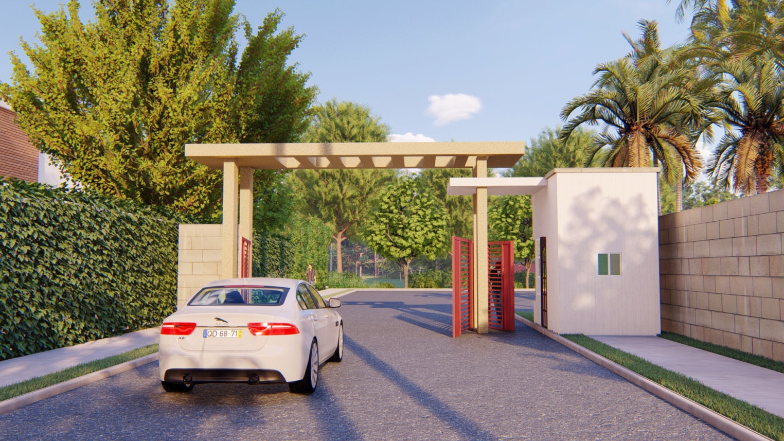 Estate entrance security gate design with decorative elements, 