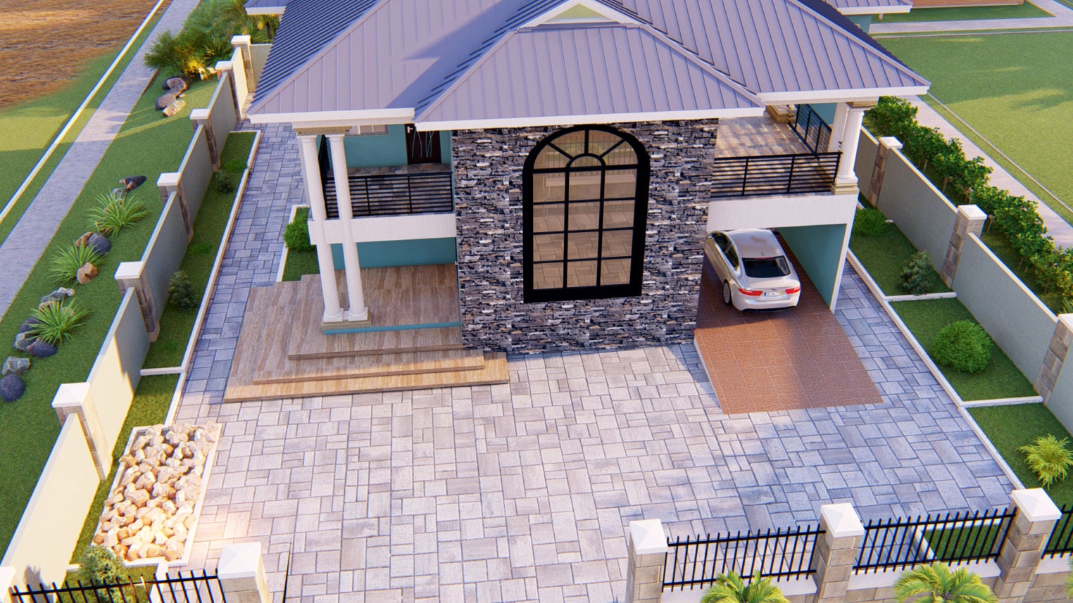 Simple residential landscape design with green lawn, flower beds, and a stone walkway in a suburban backyard