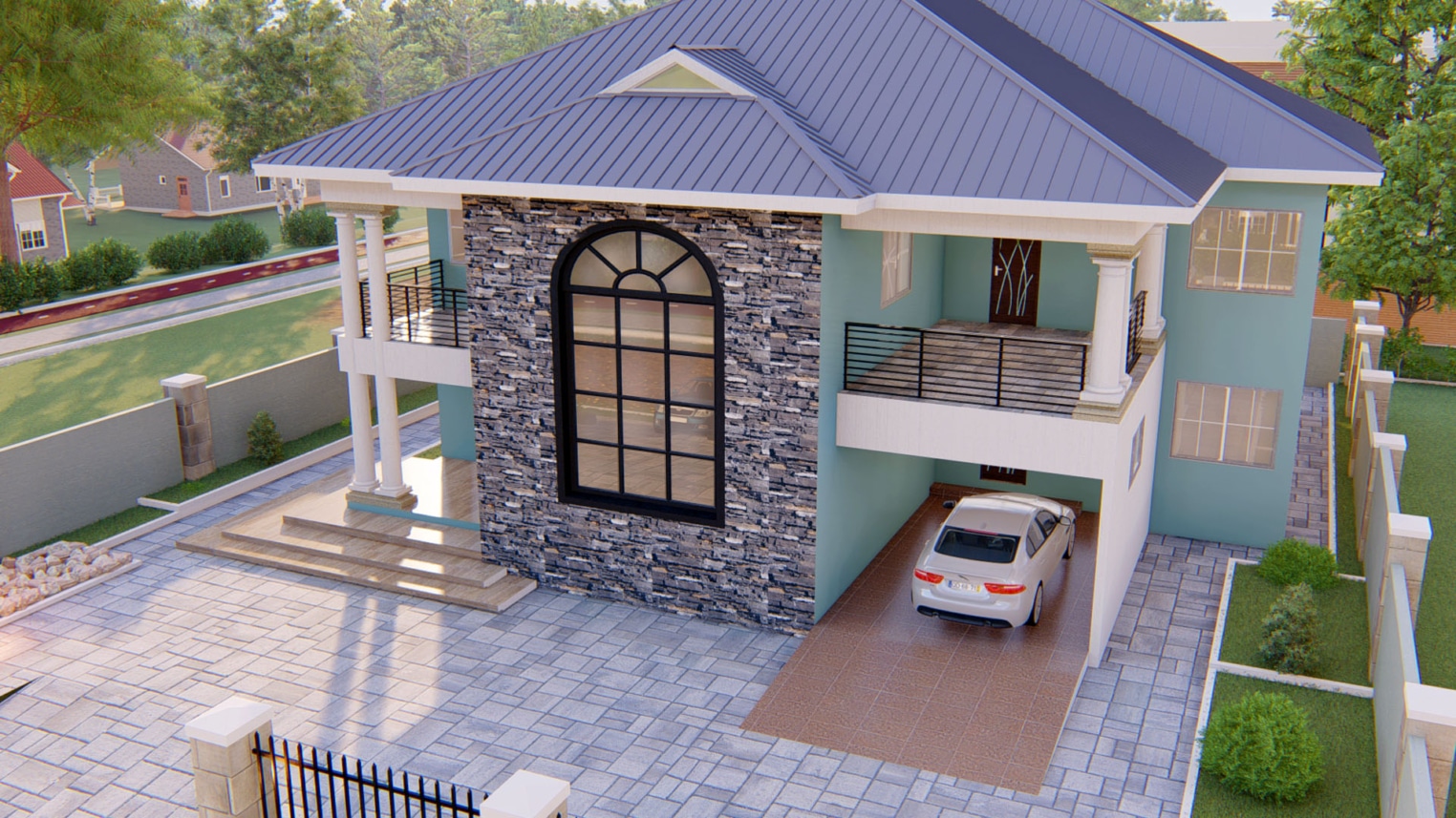 Simple residential landscape design with green lawn, flower beds, and a stone walkway in a suburban backyard