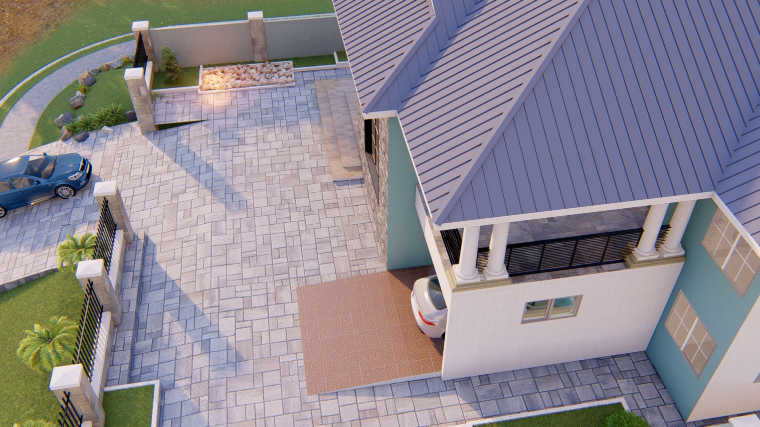 Simple residential landscape design with green lawn, flower beds, and a stone walkway in a suburban backyard